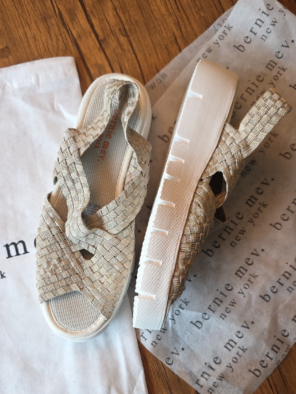 bernie mev. Women's Woven Slingback Sandals in Metallic Gold-Tan